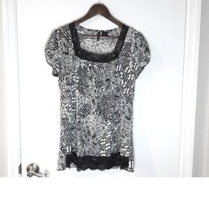 Square Neck Top Black Lace Trim Short Sleeve Blouse Sz L /#5205‎